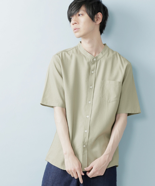 MONO-MART(モノマート)の「リネン×レーヨンブライトバンドカラーシャツ(1/2 sleeve)(シャツ/ブラウス・メンズ・ホワイト/ネイビー/ブラック/サックスブルー/ライトオリーブ/ブルー/ラベンダー/ワイン/グレー・M/XL/L)」の4枚目の写真