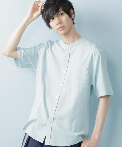 MONO-MART(モノマート)の「リネン×レーヨンブライトバンドカラーシャツ(1/2 sleeve)(シャツ/ブラウス・メンズ・ホワイト/ネイビー/ブラック/サックスブルー/ライトオリーブ/ブルー/ラベンダー/ワイン/グレー・M/XL/L)」の6枚目の写真