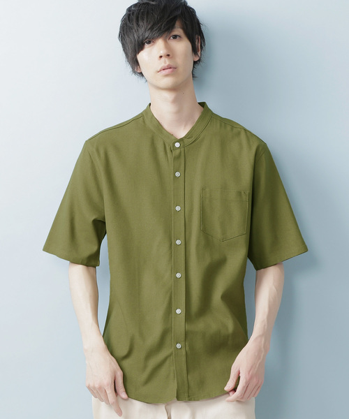 MONO-MART(モノマート)の「リネン×レーヨンブライトバンドカラーシャツ(1/2 sleeve)(シャツ/ブラウス・メンズ・ホワイト/ネイビー/ブラック/サックスブルー/ライトオリーブ/ブルー/ラベンダー/ワイン/グレー・M/XL/L)」の1枚目の写真