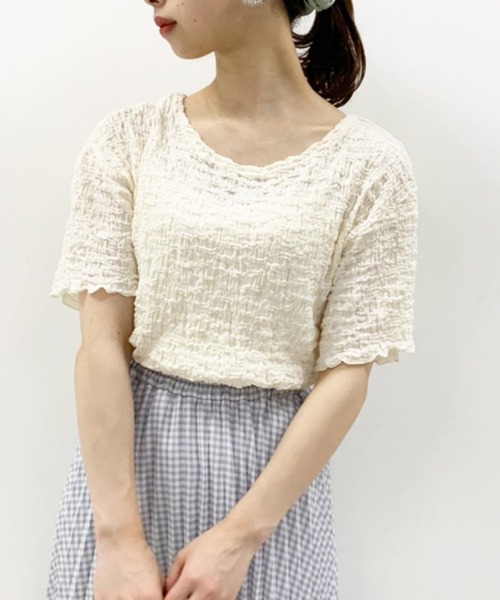 one after another NICE CLAUP（ワンアフターアナザーナイスクラップ）の「バックリボンしぼしぼTシャツ（Tシャツ/カットソー・レディース・ブラック/ベージュ/オフホワイト/ブルーグレー・FREE）」の2枚目の写真