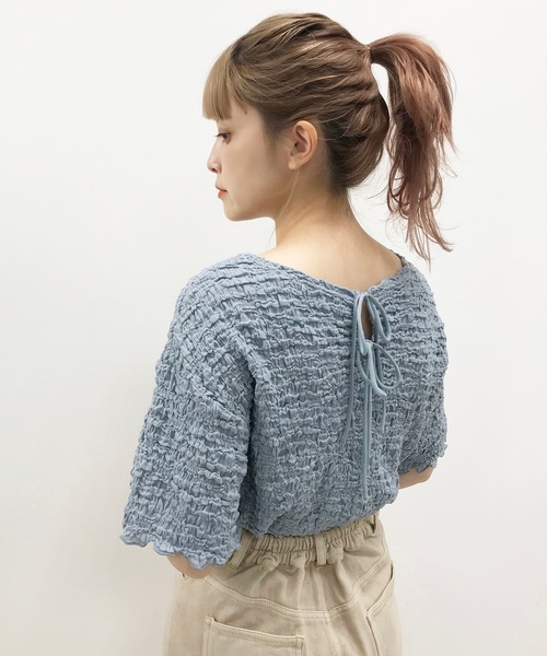 one after another NICE CLAUP（ワンアフターアナザーナイスクラップ）の「バックリボンしぼしぼTシャツ（Tシャツ/カットソー・レディース・ブラック/ベージュ/オフホワイト/ブルーグレー・FREE）」の14枚目の写真