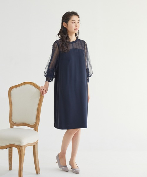 Rewde(ルゥデ)の「ハイネックレース切替ドレス(0R04-A2150)(ドレス・レディース・グリーン/ネイビー/ダークブルー・L/M)」の1枚目の写真