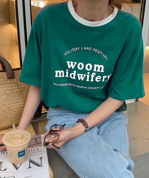 me+em select(ミームセレクト)の「【数量限定販売】woom logo バインダー配色Tシャツ(Tシャツ/カットソー・レディース・ブルー/グリーン/グレー/ネイビー/ホワイト・FREE)」の1枚目の写真
