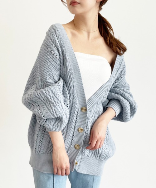 新品【エムズグレイシー】ニットカーディガン　ケーブル　リボン　パフスリーブ　白 M'S GRACY（カーディガン）のフリマアイテム一覧 新品【エムズ