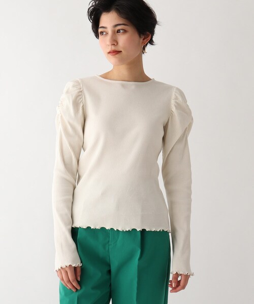 OPAQUE.CLIP（オペークドットクリップ）の「◆スーピマコットンリブ ギャザースリーブトップス（ニット/セーター・レディース・ホワイト系/ライトブルー/ブラック・42/40/38）」の4枚目の写真