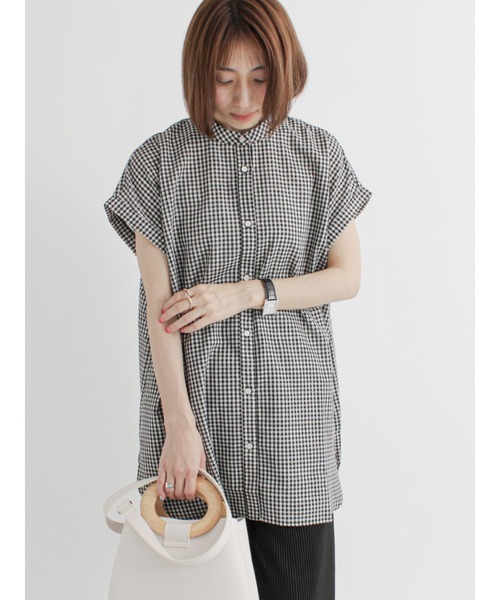 Lugnoncure（ルノンキュール）の「麻混バンドカラーシャツ（シャツ/ブラウス・レディース・ホワイト/ブラック/オフホワイト/グリーン・ﾌﾘ-）」の2枚目の写真