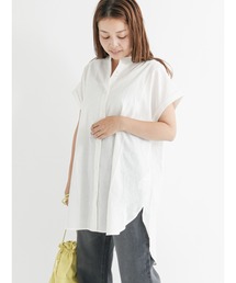 麻混バンドカラーシャツ