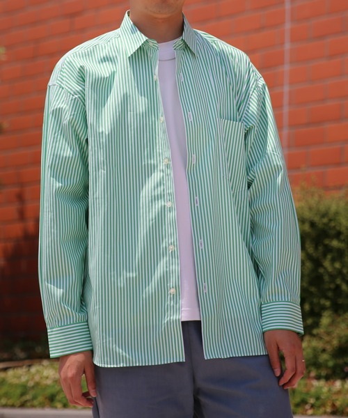 BRICK & SONS（ブリックアンドサンズ）の「リラックスバックプリーツシャツ＜グリーンストライプ＞（シャツ/ブラウス・メンズ・グリーン・LL/S/M/L）」の3枚目の写真