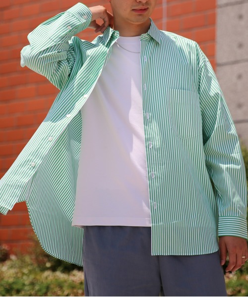 BRICK & SONS（ブリックアンドサンズ）の「リラックスバックプリーツシャツ＜グリーンストライプ＞（シャツ/ブラウス・メンズ・グリーン・LL/S/M/L）」の2枚目の写真