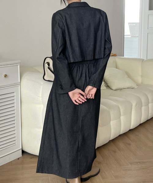 emi+（エミプラス）の「ショート開襟デニムジャケット＋ロングスカート セットアップ（テーラードジャケット・レディース・ブラック/インディゴブルー・M/L）」の13枚目の写真