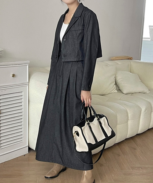 emi+（エミプラス）の「ショート開襟デニムジャケット＋ロングスカート セットアップ（テーラードジャケット・レディース・ブラック/インディゴブルー・M/L）」の14枚目の写真