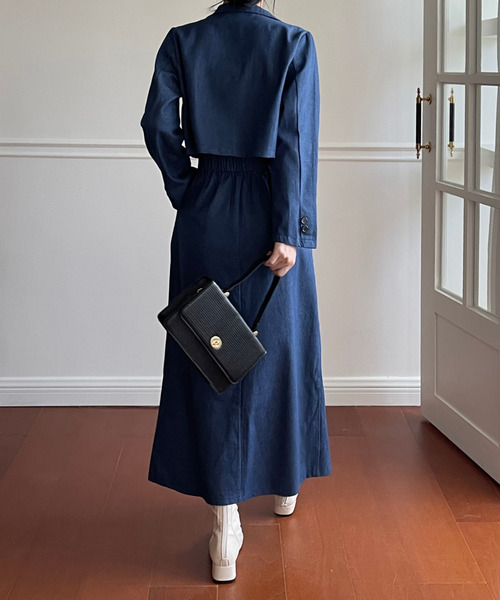 emi+（エミプラス）の「ショート開襟デニムジャケット＋ロングスカート セットアップ（テーラードジャケット・レディース・ブラック/インディゴブルー・M/L）」の15枚目の写真