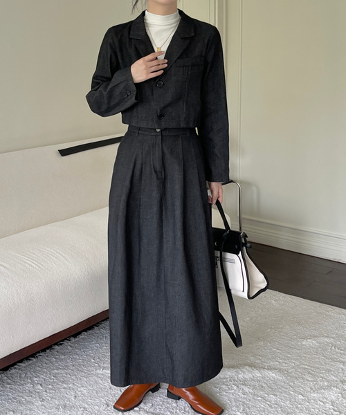 emi+（エミプラス）の「ショート開襟デニムジャケット＋ロングスカート セットアップ（テーラードジャケット・レディース・ブラック/インディゴブルー・M/L）」の18枚目の写真