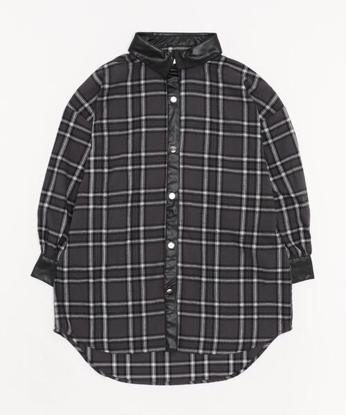 Salong hameu(サロン ハミュー)の「襟フェイクレザー チェックシャツ レディース/長袖ビッグシルエットシャツ(シャツ/ブラウス・レディース・ベージュ/グリーン/グレー・M/L)」の7枚目の写真