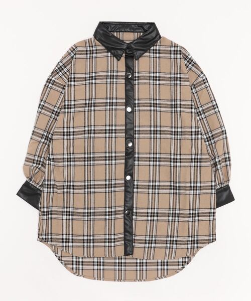 Salong hameu(サロン ハミュー)の「襟フェイクレザー チェックシャツ レディース/長袖ビッグシルエットシャツ(シャツ/ブラウス・レディース・ベージュ/グリーン/グレー・M/L)」の6枚目の写真