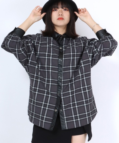 Salong hameu(サロン ハミュー)の「襟フェイクレザー チェックシャツ レディース/長袖ビッグシルエットシャツ(シャツ/ブラウス・レディース・ベージュ/グリーン/グレー・M/L)」の19枚目の写真