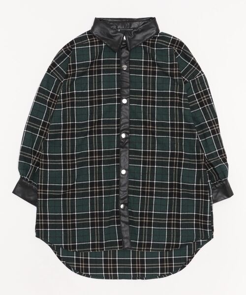 Salong hameu(サロン ハミュー)の「襟フェイクレザー チェックシャツ レディース/長袖ビッグシルエットシャツ(シャツ/ブラウス・レディース・ベージュ/グリーン/グレー・M/L)」の5枚目の写真