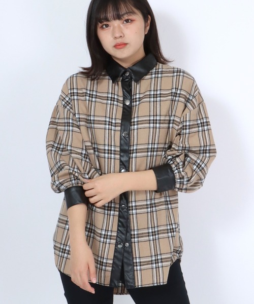 Salong hameu(サロン ハミュー)の「襟フェイクレザー チェックシャツ レディース/長袖ビッグシルエットシャツ(シャツ/ブラウス・レディース・ベージュ/グリーン/グレー・M/L)」の21枚目の写真