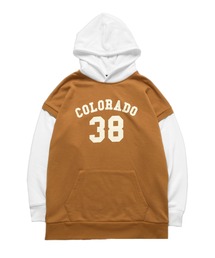 前ロゴプリント・ベストレイヤード風ビッグパーカー