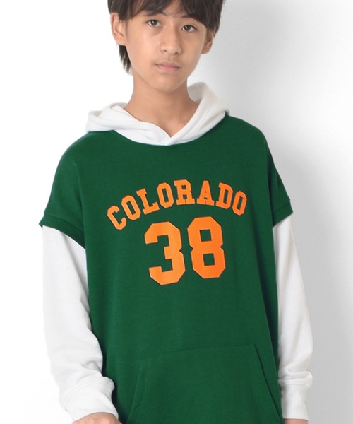 GLAZOS(グラソス)の「前ロゴプリント・ベストレイヤード風ビッグパーカー(パーカー・キッズ・ブラック/グリーン/ベージュ・170cm/160cm/140cm/150cm)」の3枚目の写真