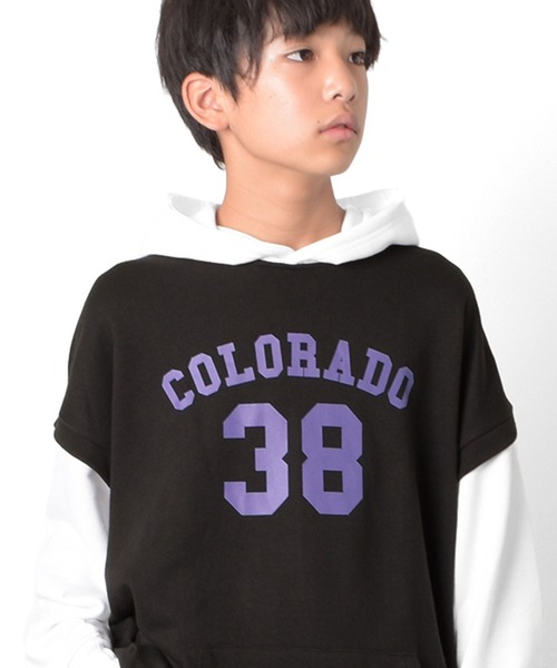 GLAZOS(グラソス)の「前ロゴプリント・ベストレイヤード風ビッグパーカー(パーカー・キッズ・ブラック/グリーン/ベージュ・170cm/160cm/140cm/150cm)」の2枚目の写真