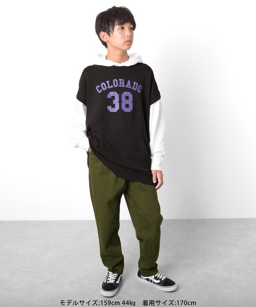 GLAZOS(グラソス)の「前ロゴプリント・ベストレイヤード風ビッグパーカー(パーカー・キッズ・ブラック/グリーン/ベージュ・170cm/160cm/140cm/150cm)」の7枚目の写真