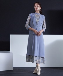 〔Callarus〕スタンドカラーレース切替デザインワンピースドレス