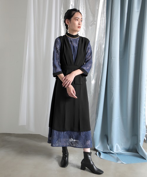 Callarus〕スタンドカラーレース切替デザインワンピースドレス（ドレス
