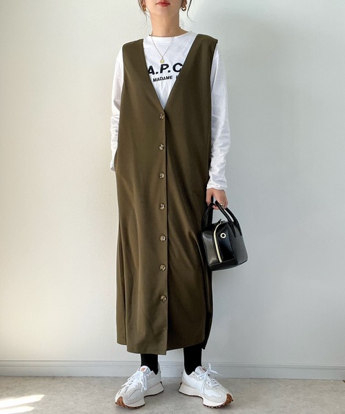 Fizz（フィズ）の「【maiko_wear × Fizz コラボ】　前後2Way　ポンチ素材ジャンパースカート（サロペット/オーバーオール・レディース・ブラウン/カーキ/ブラック・M）」の3枚目の写真