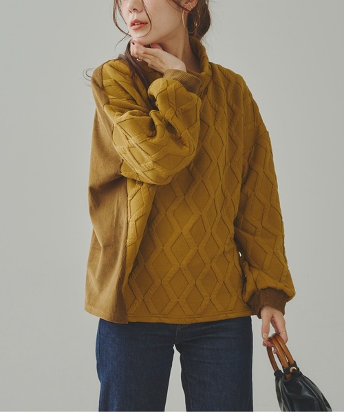 Chez toi(シェトワ)の「ダイヤ柄切替プルオーバー(Tシャツ/カットソー・レディース・ブラック/カーキ/アイボリー/マスタード・FREE)」の2枚目の写真