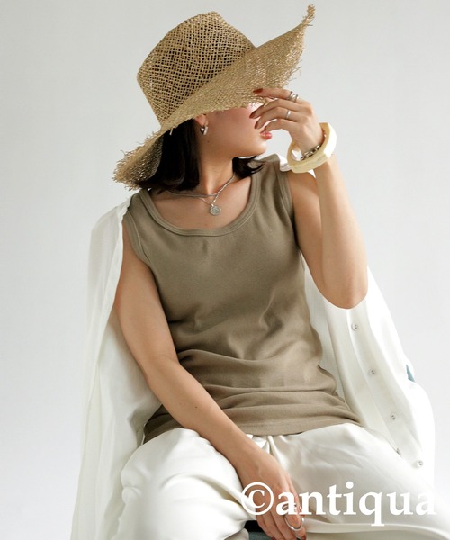 antiqua（アンティカ）の「綿混素材テレコリブタンクトップ（タンクトップ・レディース・オレンジ/ダークグレー/グリーン/ライトグリーン/カーキオリーブ/ブラック/ブルー/オフホワイト・L/M）」の7枚目の写真