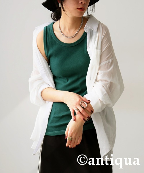 antiqua（アンティカ）の「綿混素材テレコリブタンクトップ（タンクトップ・レディース・オレンジ/ダークグレー/グリーン/ライトグリーン/カーキオリーブ/ブラック/ブルー/オフホワイト・L/M）」の5枚目の写真