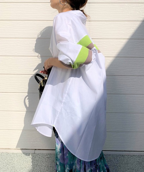 Q（キュー）の「コットンストレッチリブドッキングシャツ（シャツ/ブラウス・レディース・アイボリー/ライトブルー・MEDIUM）」の7枚目の写真