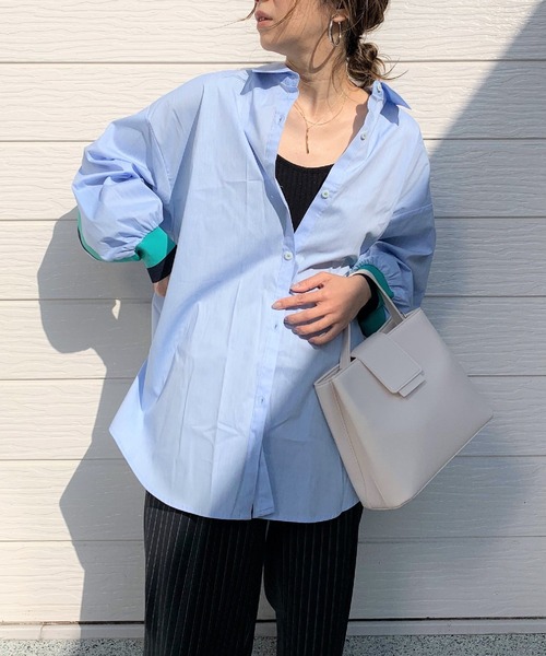 Q（キュー）の「コットンストレッチリブドッキングシャツ（シャツ/ブラウス・レディース・アイボリー/ライトブルー・MEDIUM）」の8枚目の写真