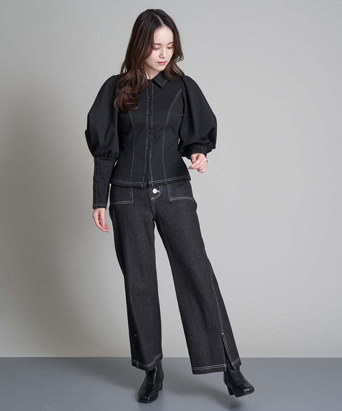 A de a.v.v（アードアー・ヴェ・ヴェ）の「ボリュームパフスリーブジャージ（Tシャツ/カットソー・レディース・ブラック/グリーン・38/36）」の7枚目の写真