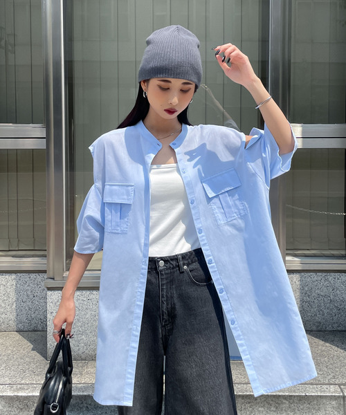 Chillfar（チルファー）の「肩開きポケットノーカラーシャツ（シャツ/ブラウス・レディース・ホワイト/ブルー/イエロー/ブラック・FREE）」の3枚目の写真