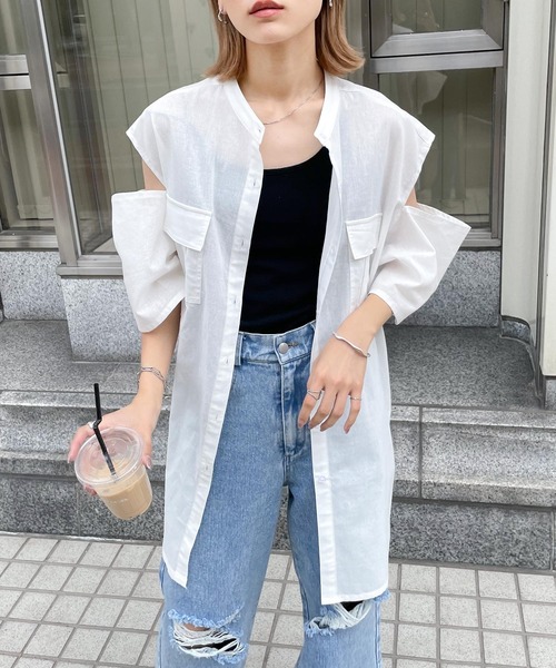 Chillfar（チルファー）の「肩開きポケットノーカラーシャツ（シャツ/ブラウス・レディース・ホワイト/ブルー/イエロー/ブラック・FREE）」の7枚目の写真