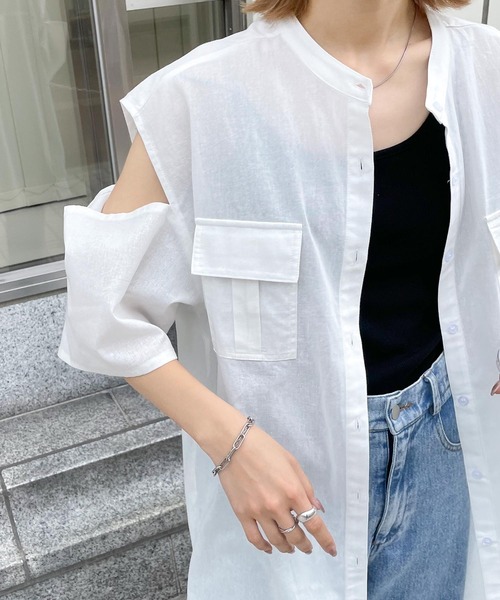 Chillfar（チルファー）の「肩開きポケットノーカラーシャツ（シャツ/ブラウス・レディース・ホワイト/ブルー/イエロー/ブラック・FREE）」の5枚目の写真