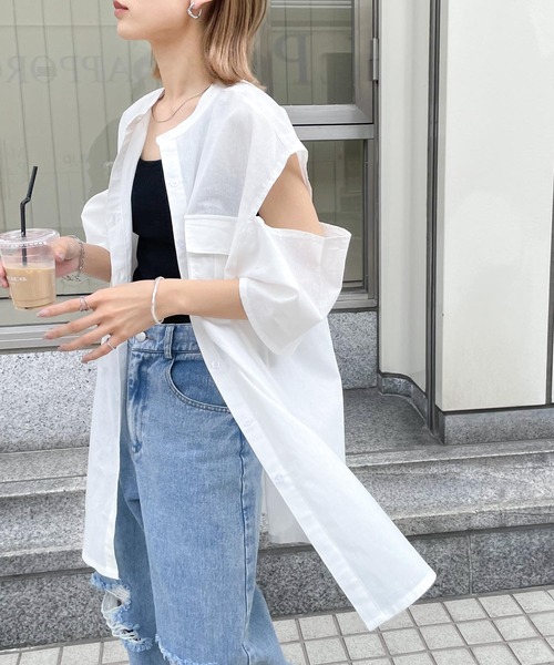 Chillfar（チルファー）の「肩開きポケットノーカラーシャツ（シャツ/ブラウス・レディース・ホワイト/ブルー/イエロー/ブラック・FREE）」の6枚目の写真