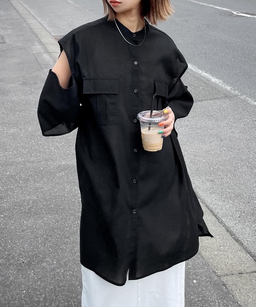 Chillfar（チルファー）の「肩開きポケットノーカラーシャツ（シャツ/ブラウス・レディース・ホワイト/ブルー/イエロー/ブラック・FREE）」の15枚目の写真