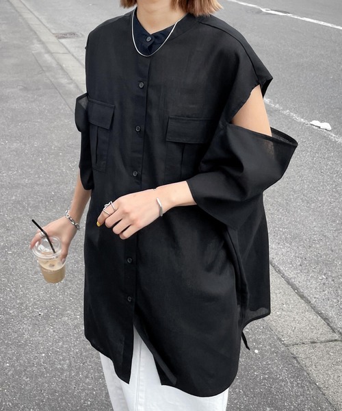 Chillfar（チルファー）の「肩開きポケットノーカラーシャツ（シャツ/ブラウス・レディース・ホワイト/ブルー/イエロー/ブラック・FREE）」の16枚目の写真