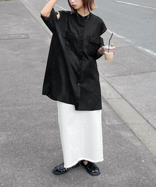 Chillfar（チルファー）の「肩開きポケットノーカラーシャツ（シャツ/ブラウス・レディース・ホワイト/ブルー/イエロー/ブラック・FREE）」の19枚目の写真