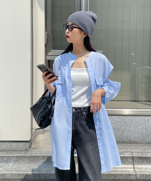 セール】肩開きポケットノーカラーシャツ（シャツ/ブラウス