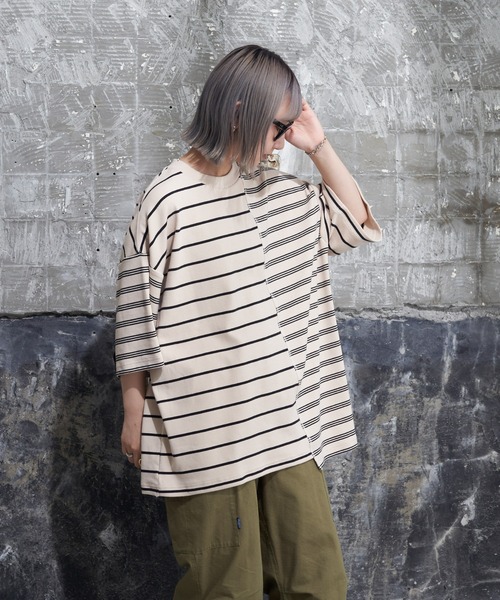 CIAOPANIC TYPY(チャオパニックティピー)の「ボーダーパッチワークTee(Tシャツ/カットソー・メンズ・アイボリー/ブラック・MEDIUM/LARGE)」の5枚目の写真