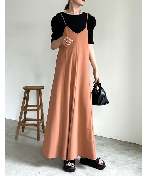 Re:EDIT（リエディ）の「[ひんやり接触冷感][低身長/高身長サイズ有]鹿の子カットソーフレアキャミワンピース（ワンピース・レディース・ブラック/ブラウン/オレンジ/ブルーグリーン・MEDIUM/LARGE/SHORT/TALL）」の4枚目の写真