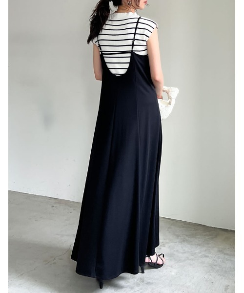 Re:EDIT（リエディ）の「[ひんやり接触冷感][低身長/高身長サイズ有]鹿の子カットソーフレアキャミワンピース（ワンピース・レディース・ブラック/ブラウン/オレンジ/ブルーグリーン・MEDIUM/LARGE/SHORT/TALL）」の5枚目の写真