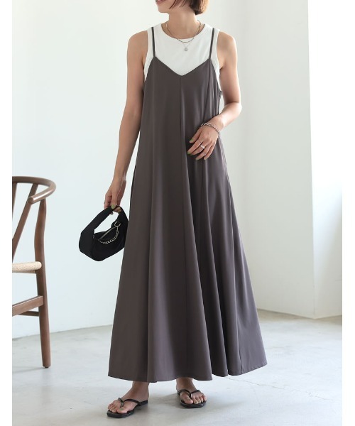 Re:EDIT（リエディ）の「[ひんやり接触冷感][低身長/高身長サイズ有]鹿の子カットソーフレアキャミワンピース（ワンピース・レディース・ブラック/ブラウン/オレンジ/ブルーグリーン・MEDIUM/LARGE/SHORT/TALL）」の15枚目の写真