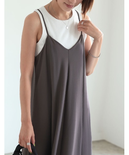 Re:EDIT（リエディ）の「[ひんやり接触冷感][低身長/高身長サイズ有]鹿の子カットソーフレアキャミワンピース（ワンピース・レディース・ブラック/ブラウン/オレンジ/ブルーグリーン・MEDIUM/LARGE/SHORT/TALL）」の6枚目の写真