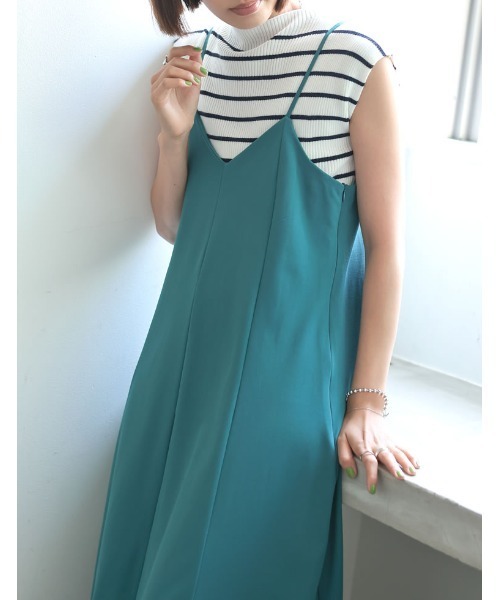 Re:EDIT（リエディ）の「[ひんやり接触冷感][低身長/高身長サイズ有]鹿の子カットソーフレアキャミワンピース（ワンピース・レディース・ブラック/ブラウン/オレンジ/ブルーグリーン・MEDIUM/LARGE/SHORT/TALL）」の7枚目の写真