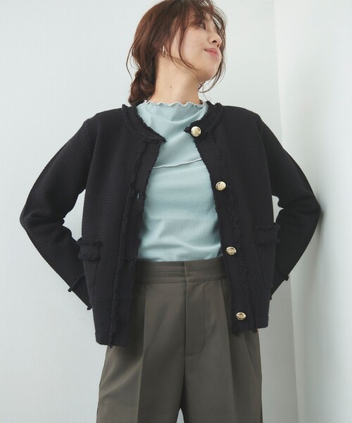 Feroux（フェルゥ）の「【ONWARD CROSSET MAG掲載】ツイードライクニット ジャケット（カーディガン/ボレロ・レディース・ブラック系/ベージュ系/アイボリー系・F）」の2枚目の写真